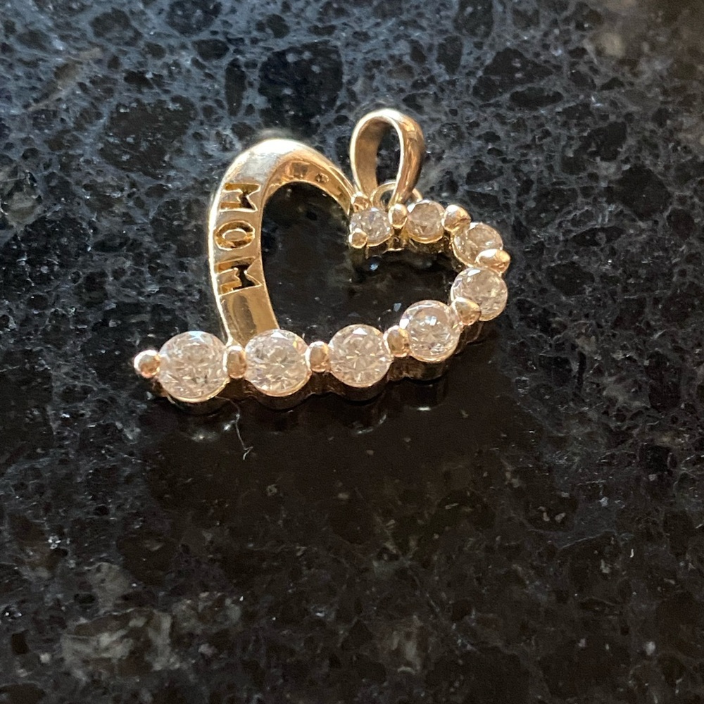 Gold Heart “Mom” Pendant w/ genuine cubic zirconia, gold over 925.